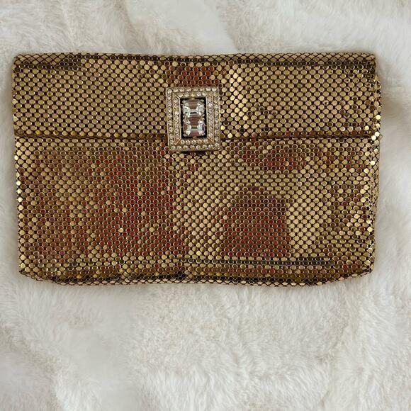 Gold Whiting & Davis mesh clutch with Diamonte crystal clasp women’s purse - Picture 1 of 7